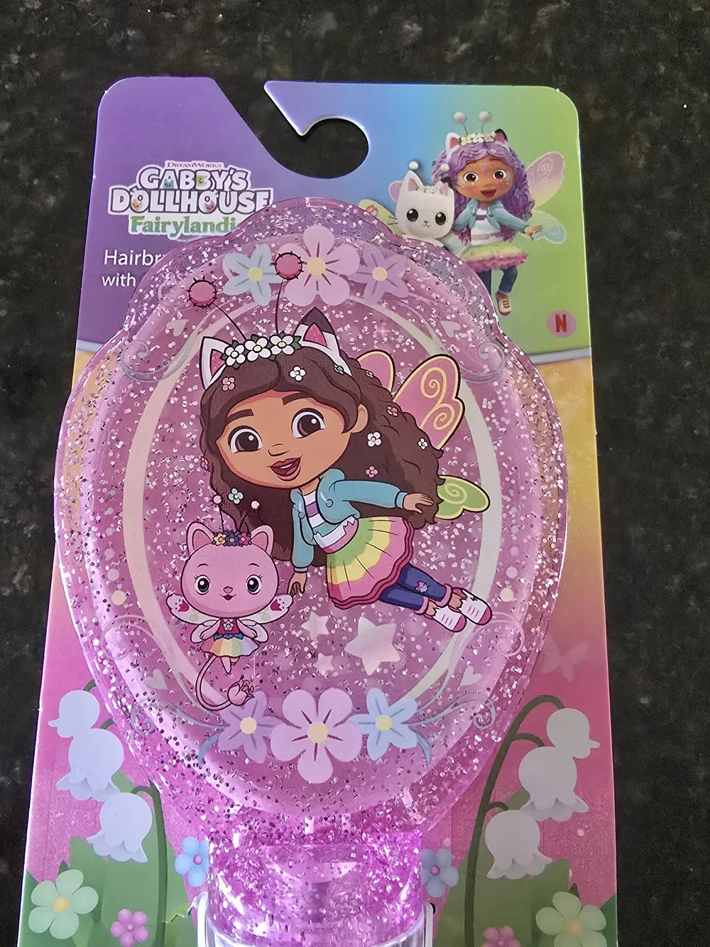 Gabby's Dollhouse Pink Glitter Kids Hair Brush with Character Design